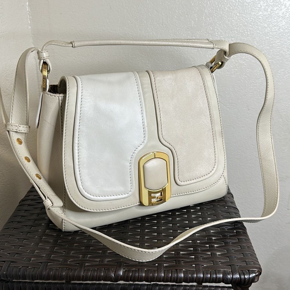 Fendi White Leather Shoulder Bag Gold FF Buckle Crossbody 🍀 - Picture 11 of 17
